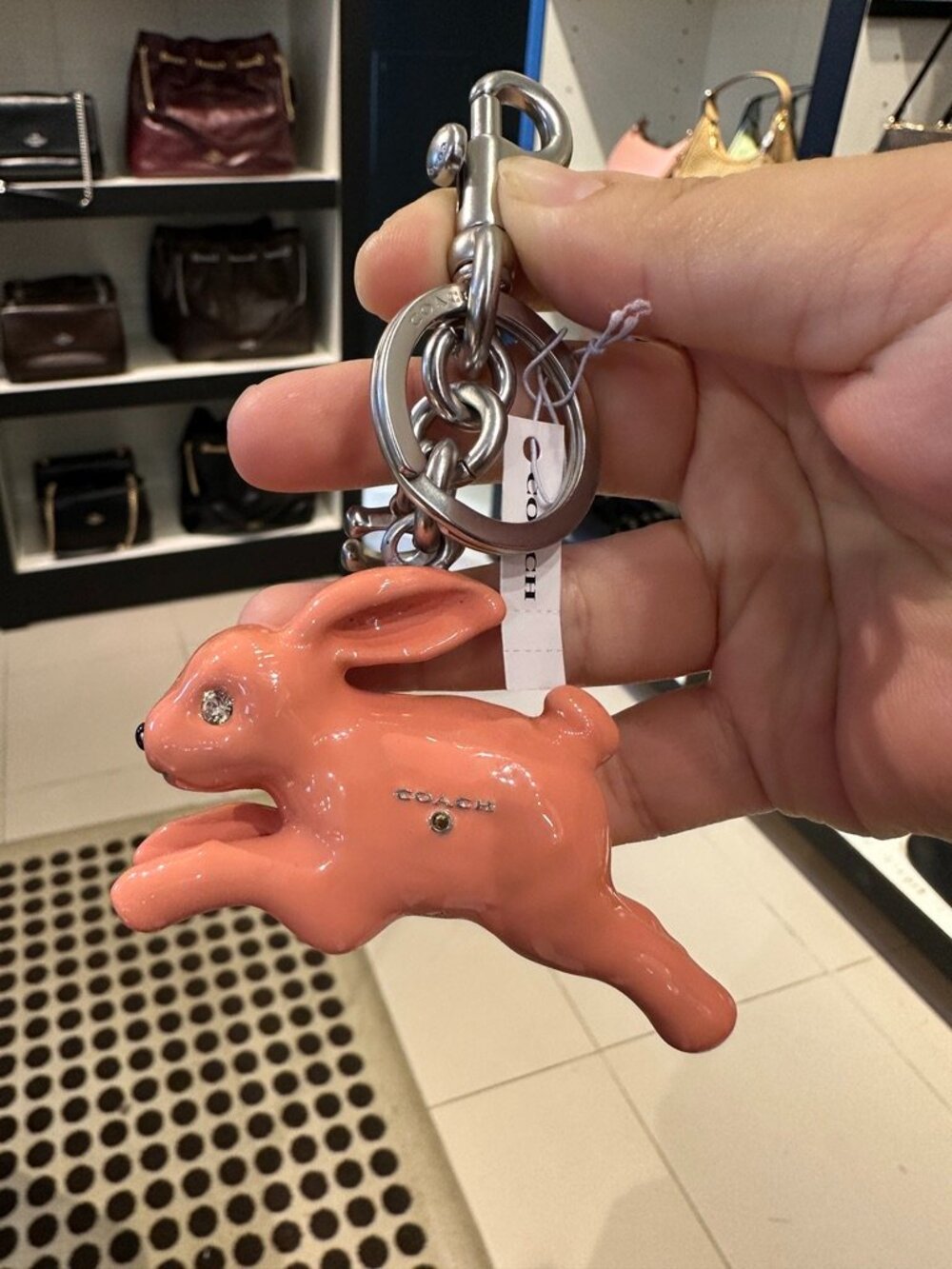 NWT! Coach CBH21 Bunny Rabbit Bag Charm Keychain Fob In Coral Pink/Silver